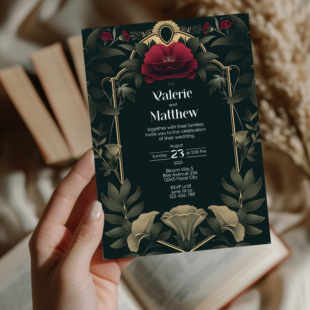 Celestial Red Rose Vintage Garden Wedding Invitation