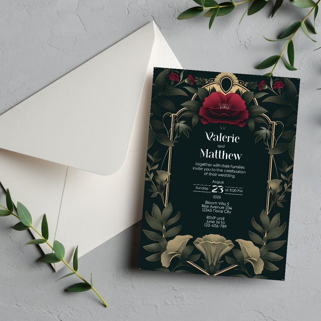 Celestial Red Rose Vintage Garden Wedding Invitation
