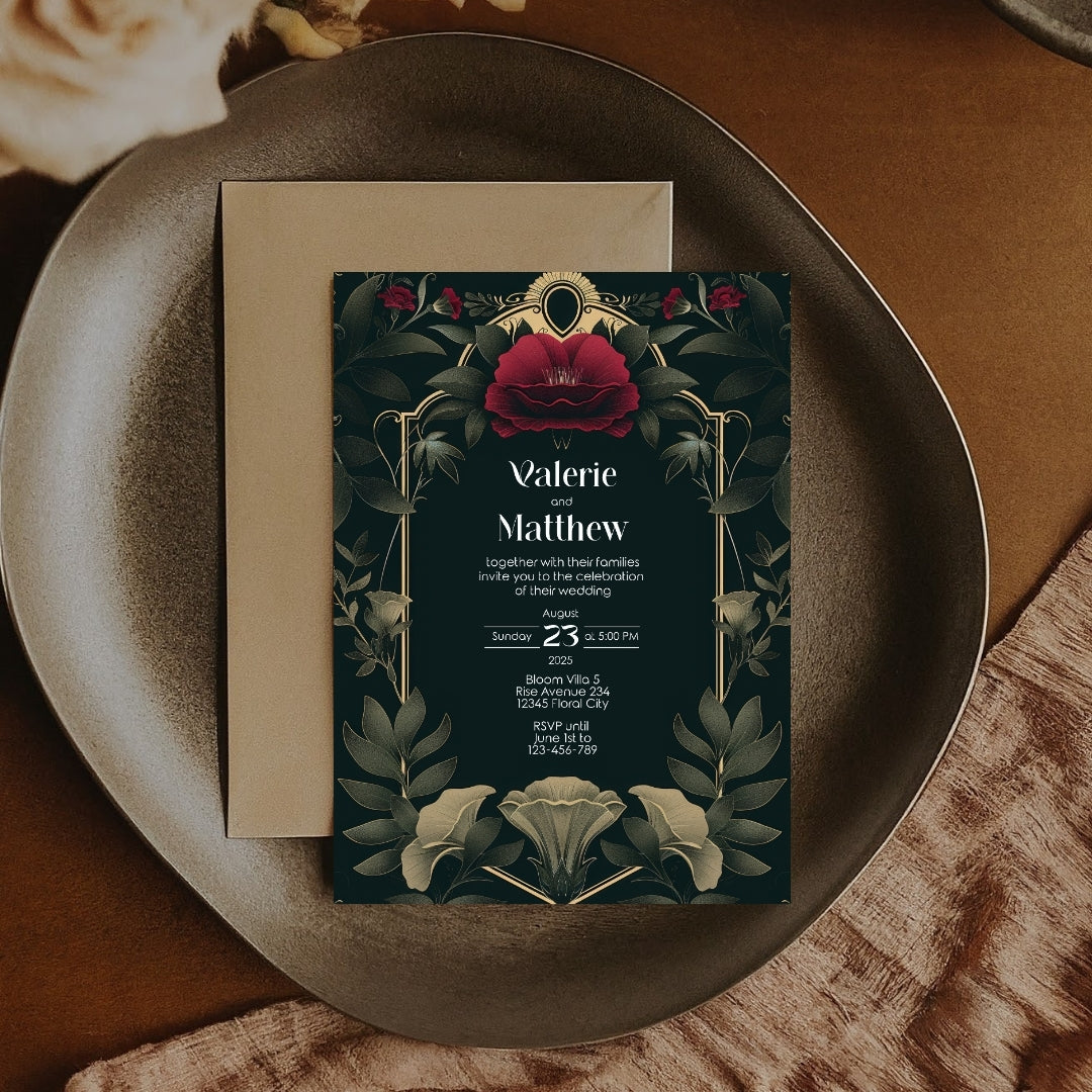 Celestial Red Rose Vintage Garden Wedding Invitation