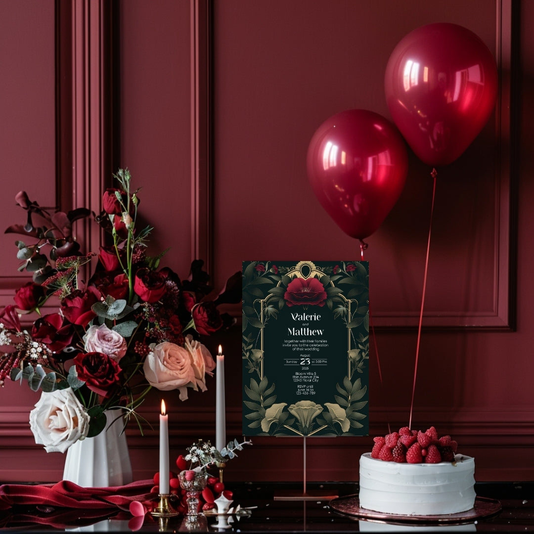 Celestial Red Rose Vintage Garden Wedding Invitation