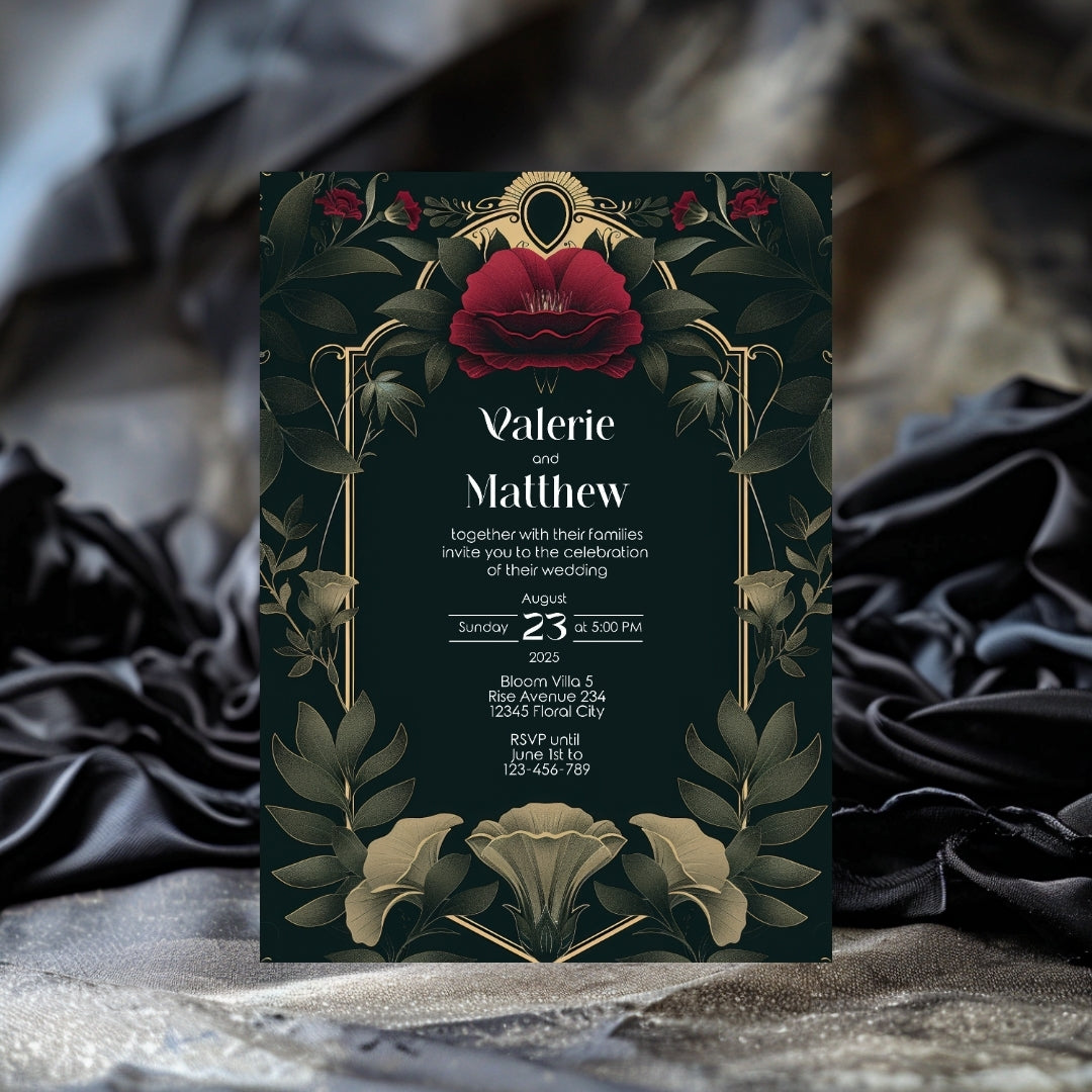 Celestial Red Rose Vintage Garden Wedding Invitation