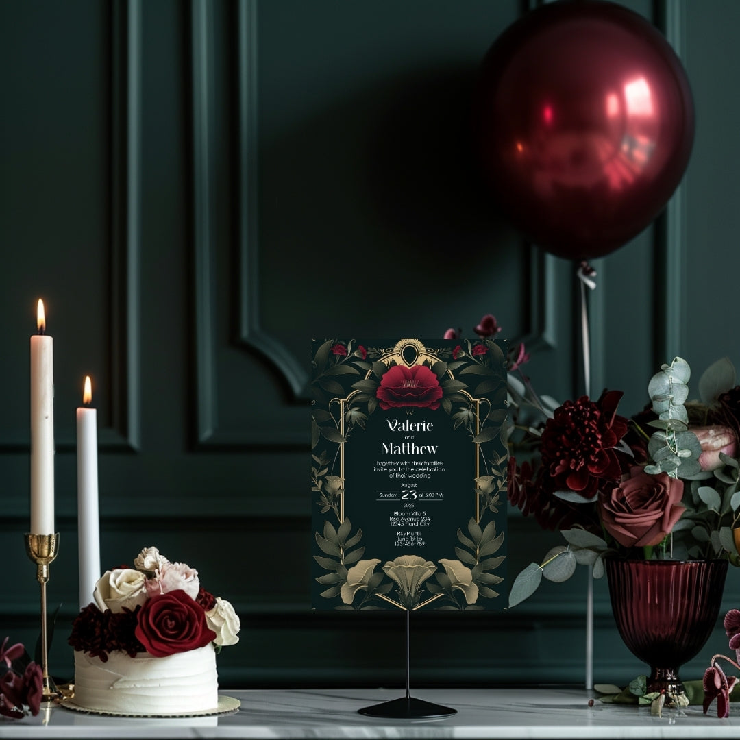 Celestial Red Rose Vintage Garden Wedding Invitation