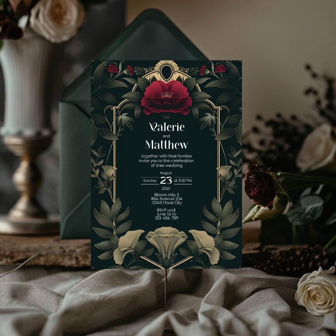Celestial Red Rose Vintage Garden Wedding Invitation