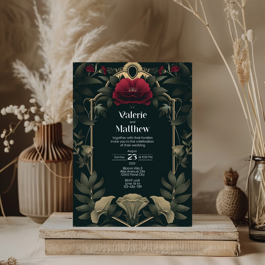 Celestial Red Rose Vintage Garden Wedding Invitation