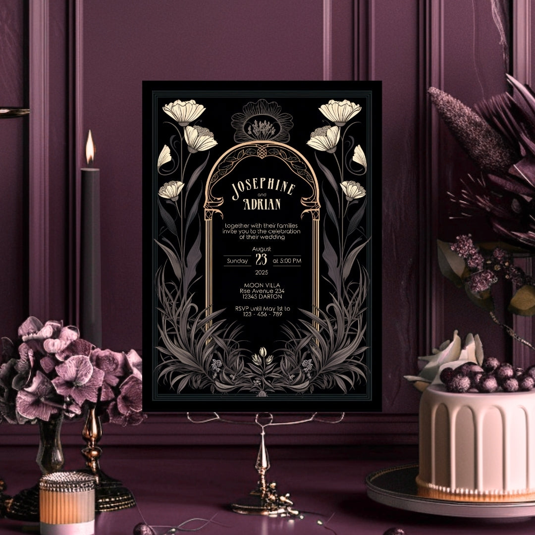 Grey Celestial Gothic Garden Wedding Invitation