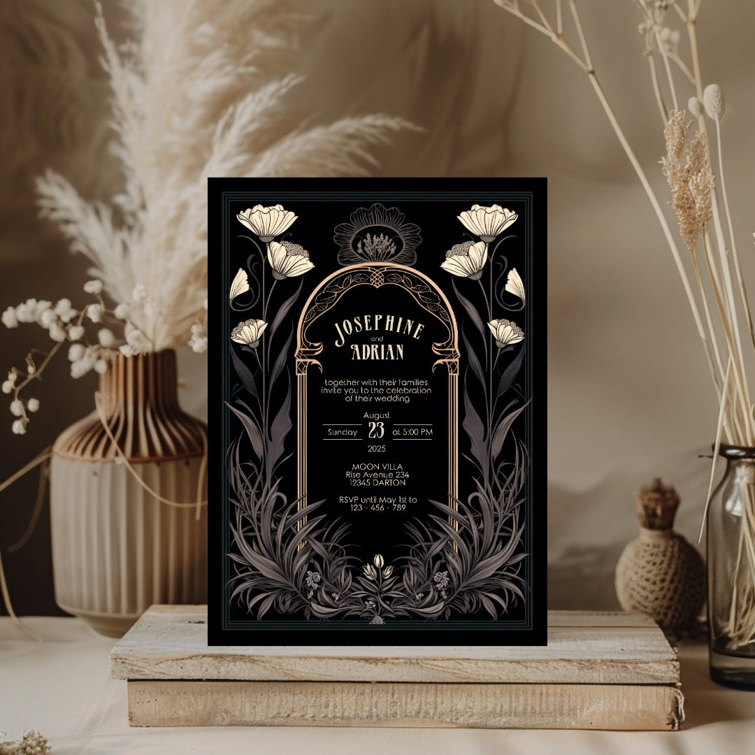 Grey Celestial Gothic Garden Wedding Invitation