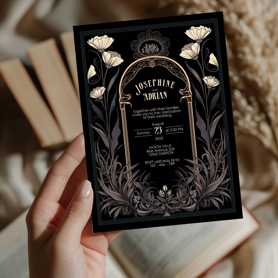 Grey Celestial Gothic Garden Wedding Invitation