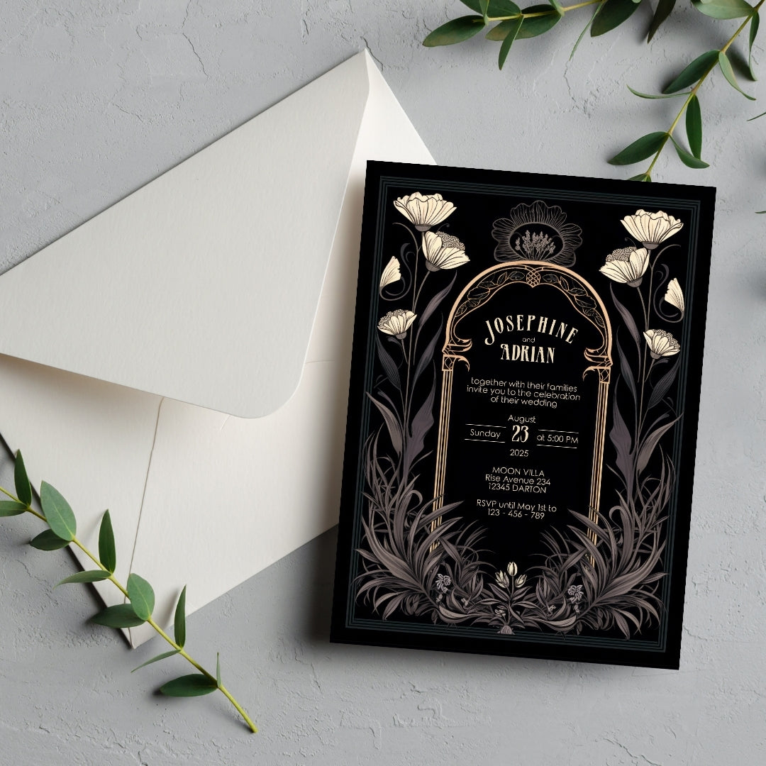 Grey Celestial Gothic Garden Wedding Invitation