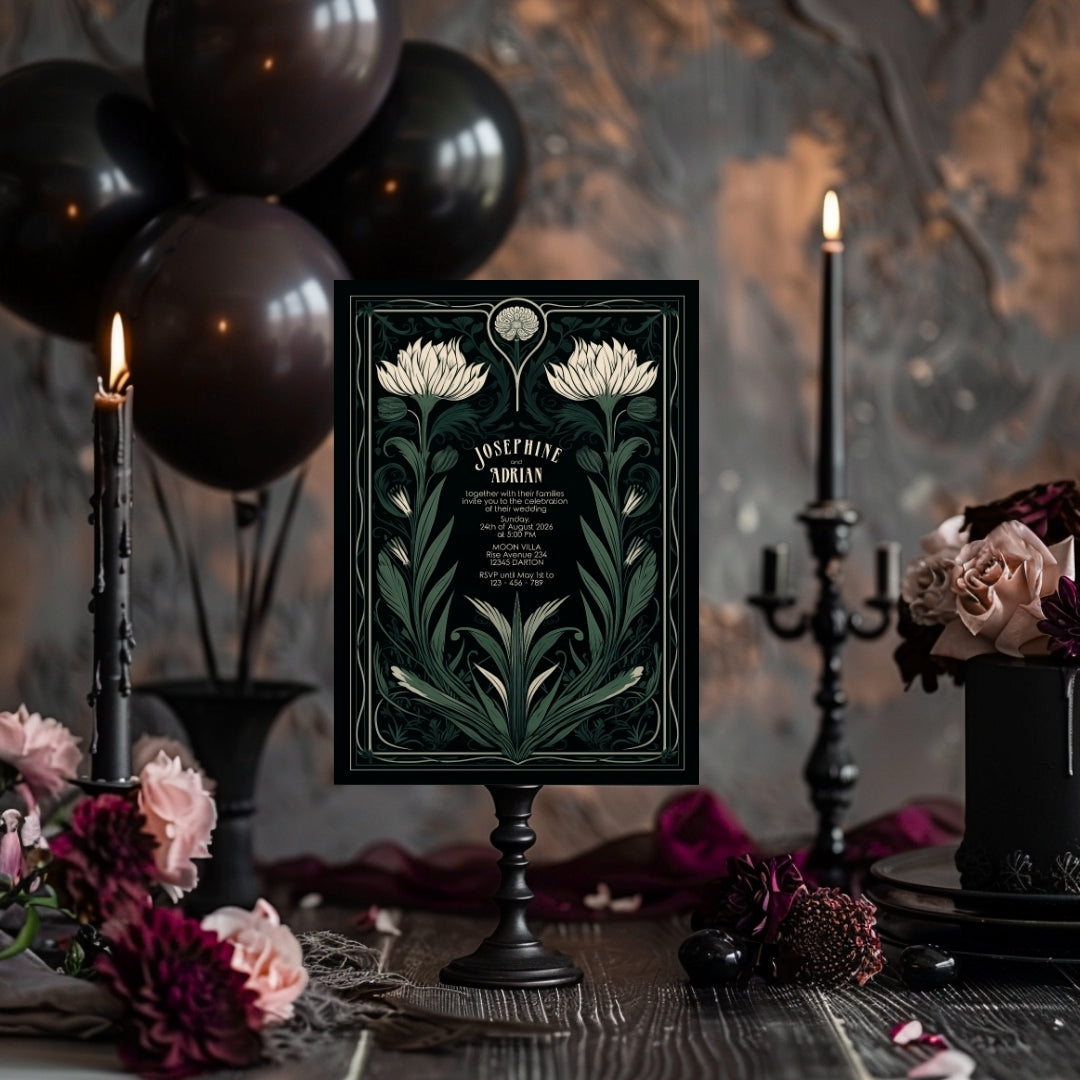 Green Mystical Floral GothicWedding Invitation