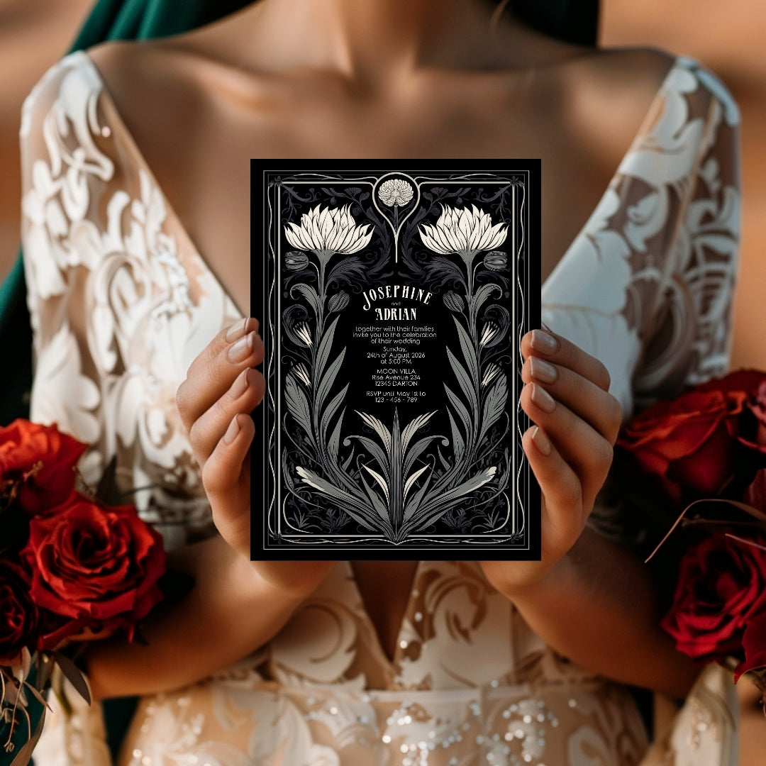 Grey Mystical Floral Gothic Wedding Invitation