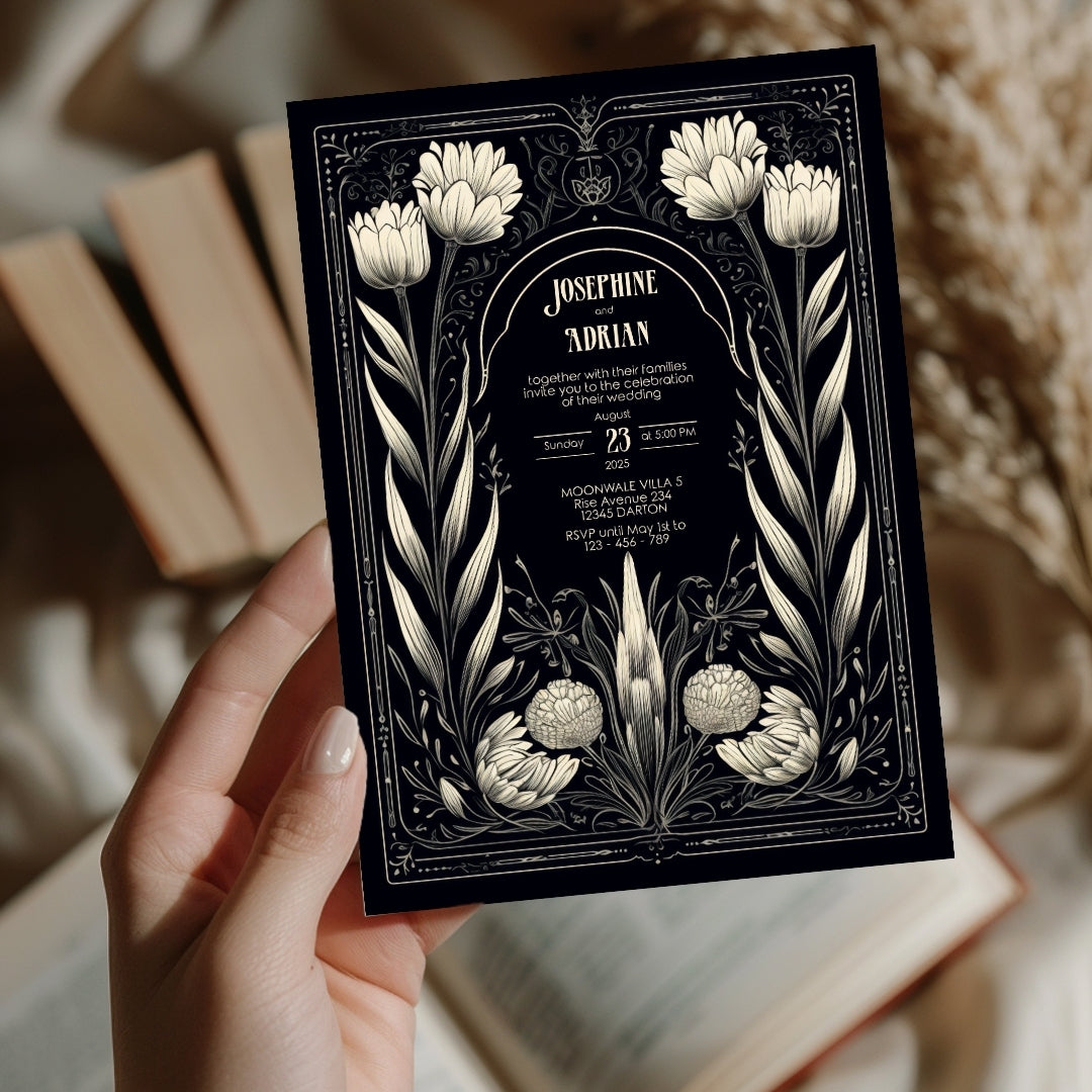 A hand holds a Gothic floral invitation with intricate white floral designs. The soft background and dim lighting add a romantic, vintage touch. The names and event details are centered.