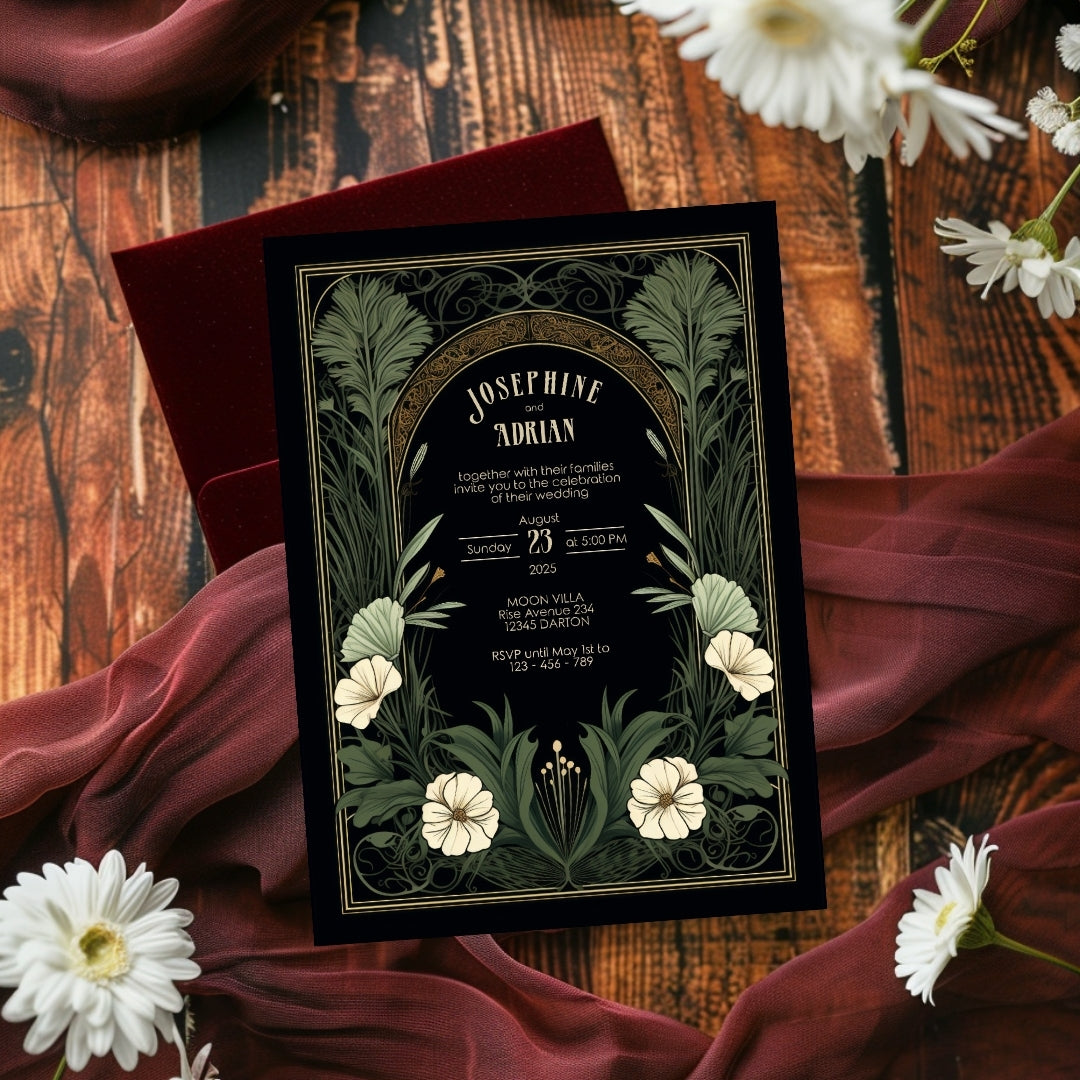 Gothic Greenery Arch Wedding Invitation