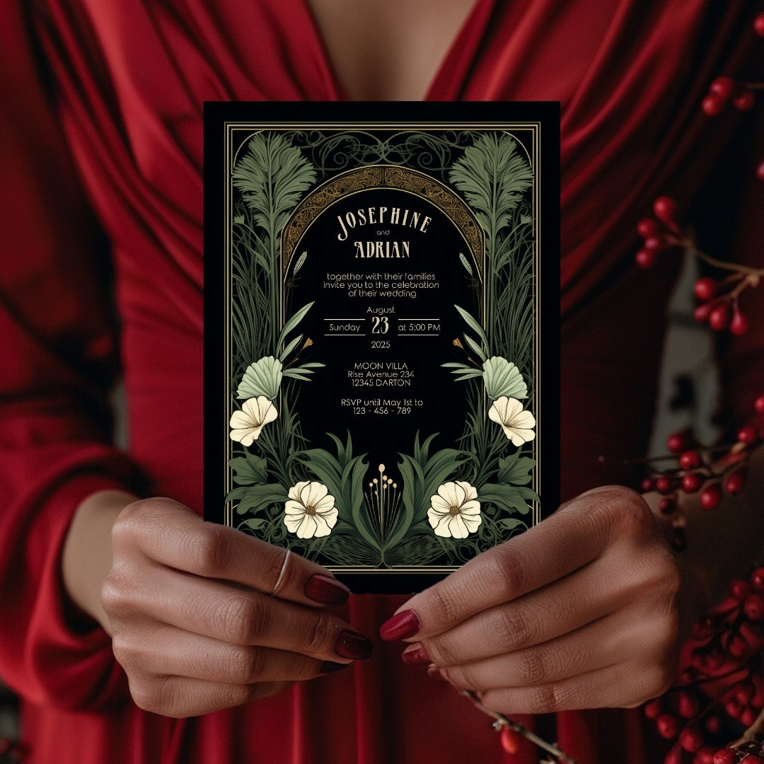 Gothic Greenery Arch Wedding Invitation