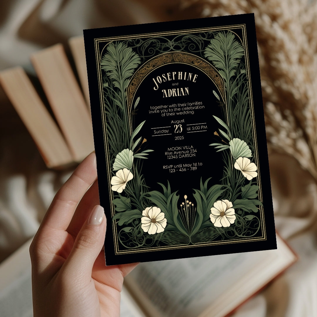 Gothic Greenery Arch Wedding Invitation