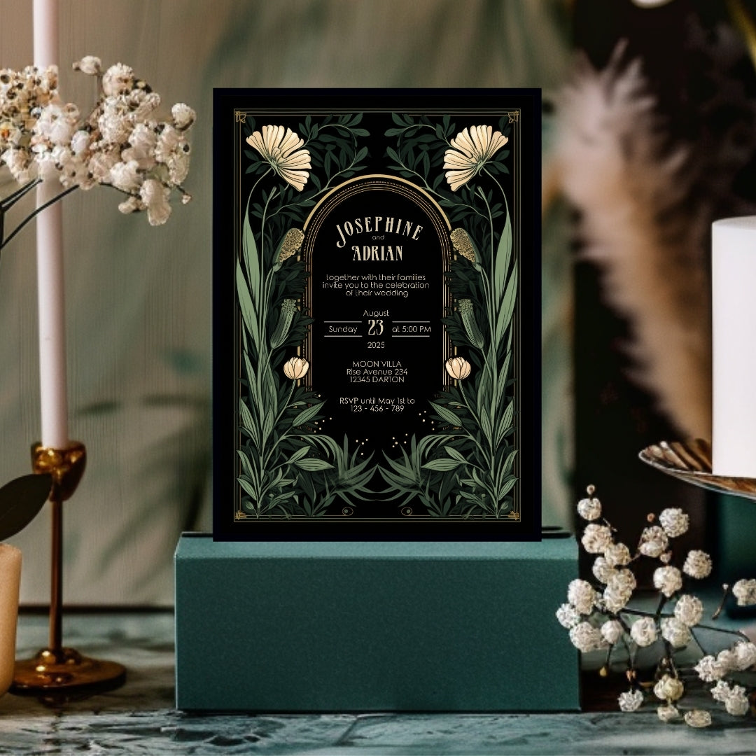Green Gothic Floral Garden Wedding Invitation
