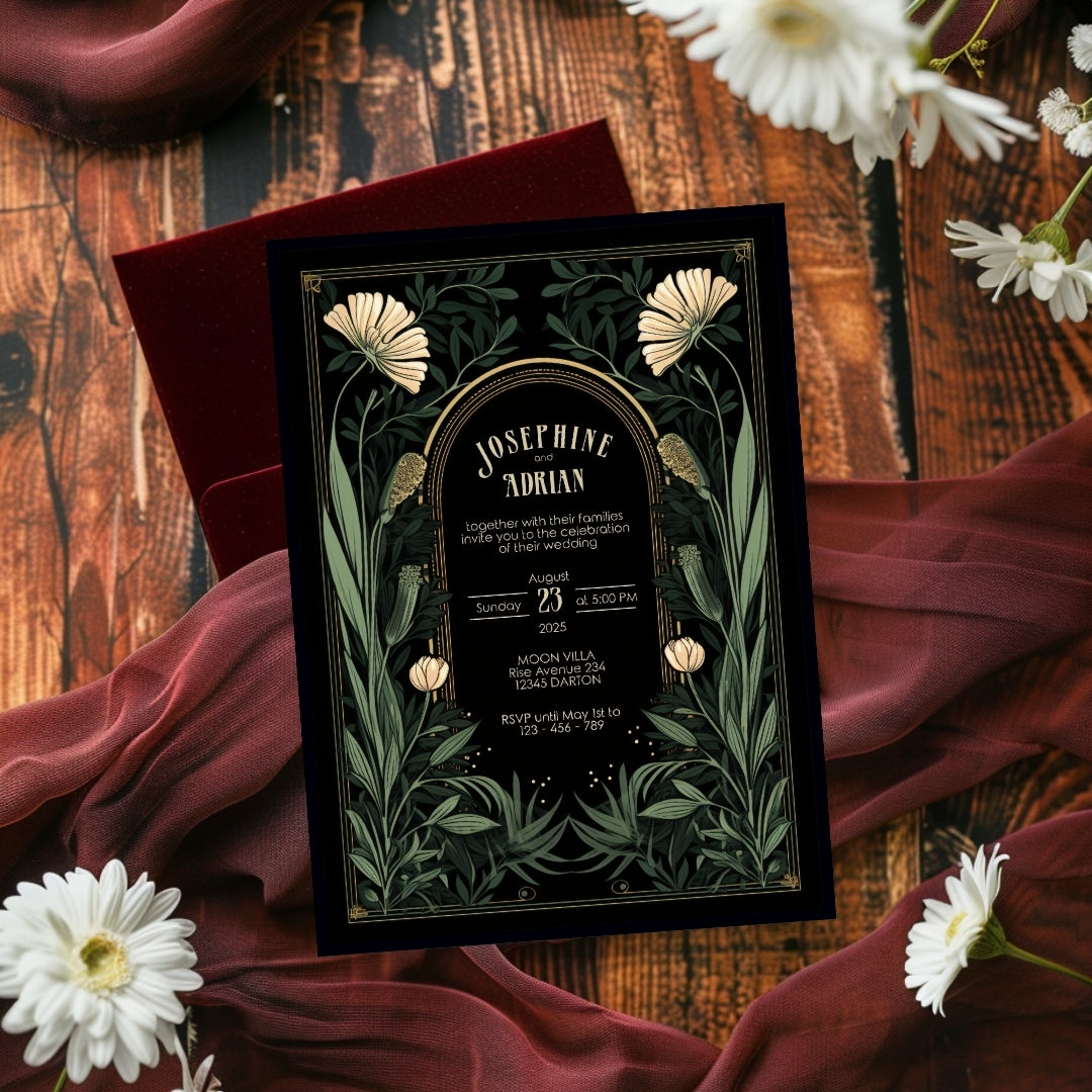 Green Gothic Floral Garden Wedding Invitation