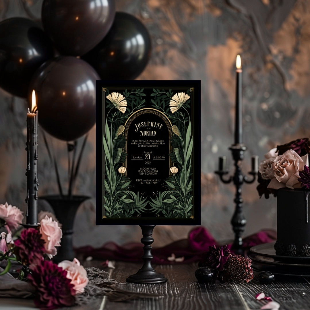 Green Gothic Floral Garden Wedding Invitation