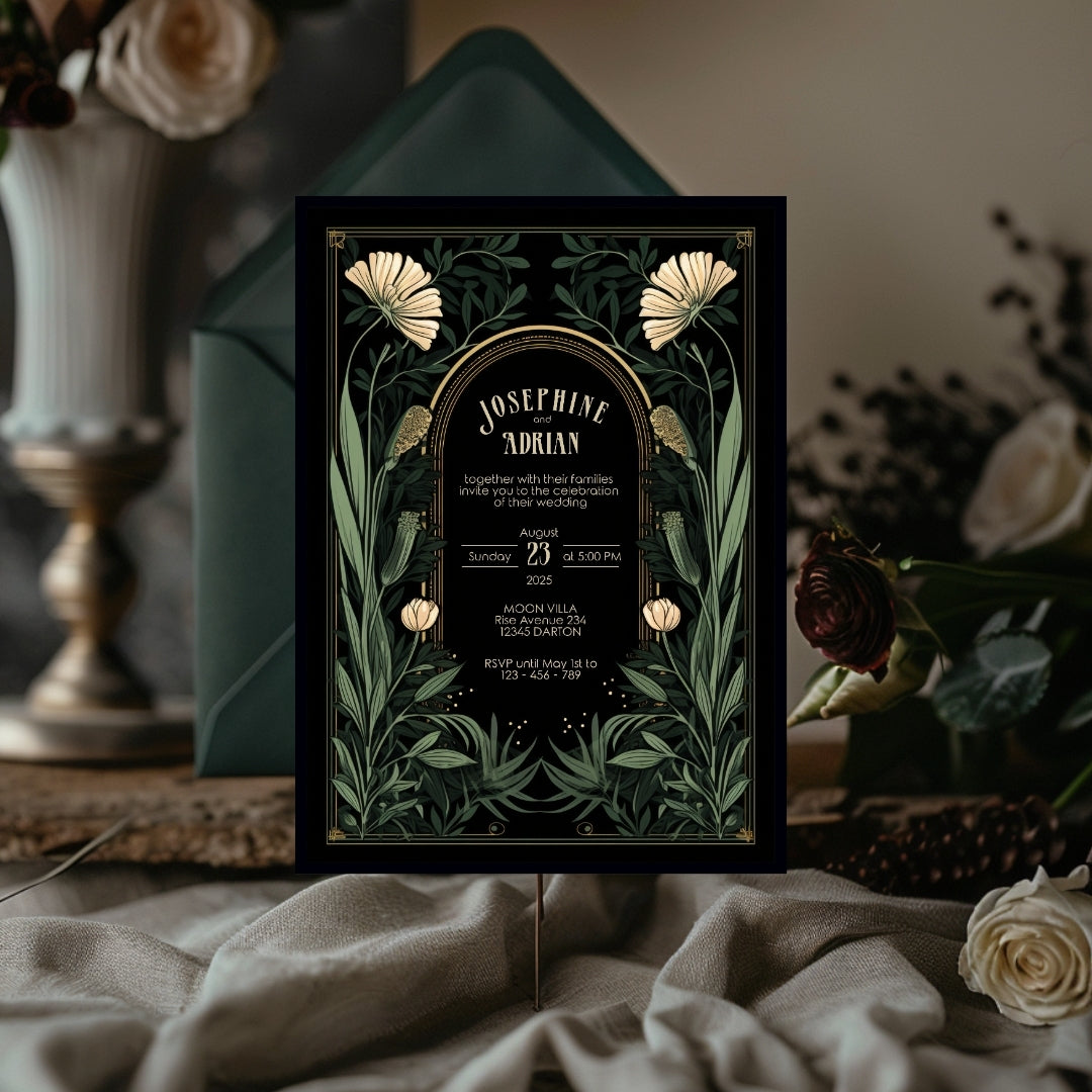 Green Gothic Floral Garden Wedding Invitation