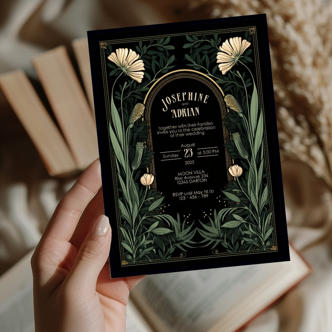 Green Gothic Floral Garden Wedding Invitation