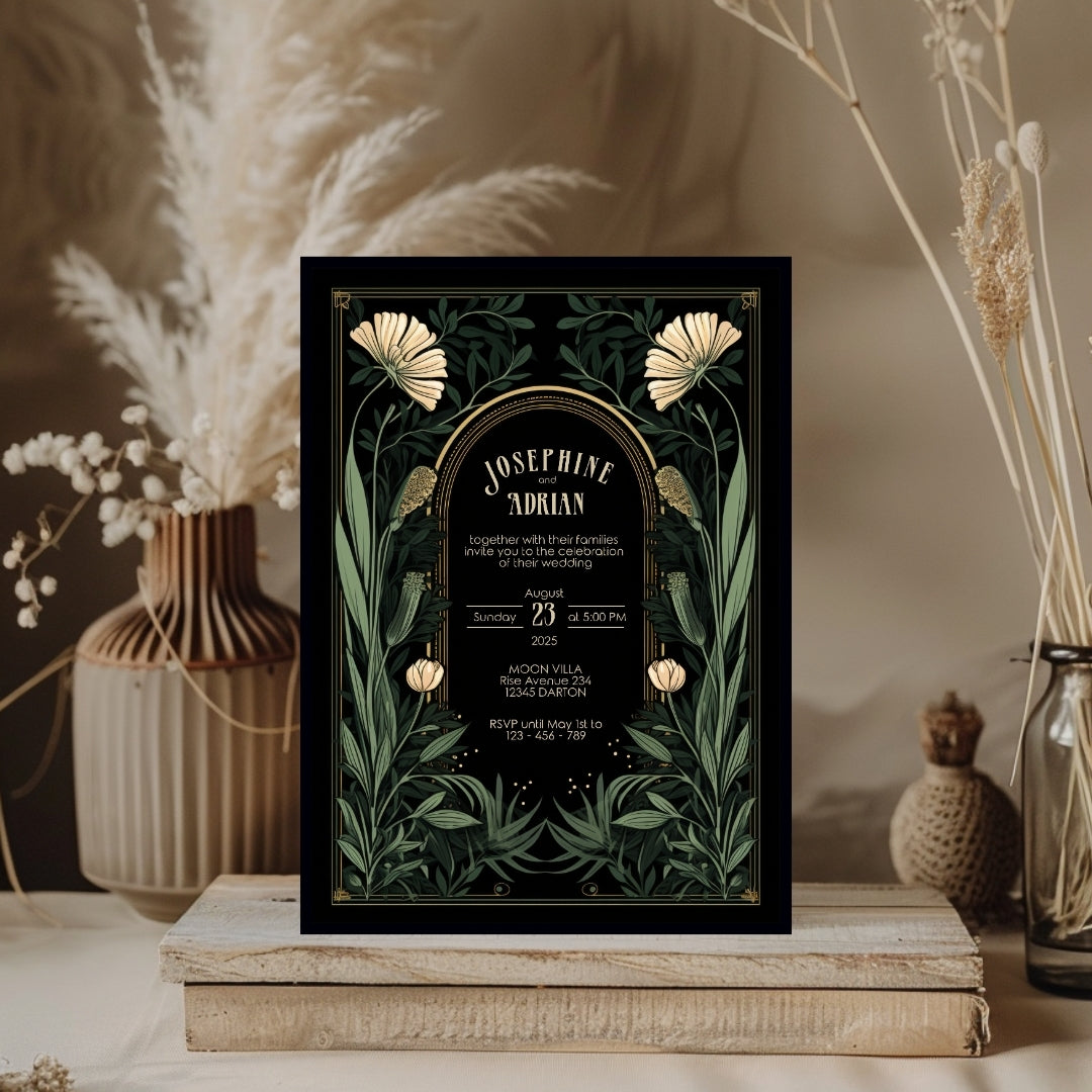 Green Gothic Floral Garden Wedding Invitation