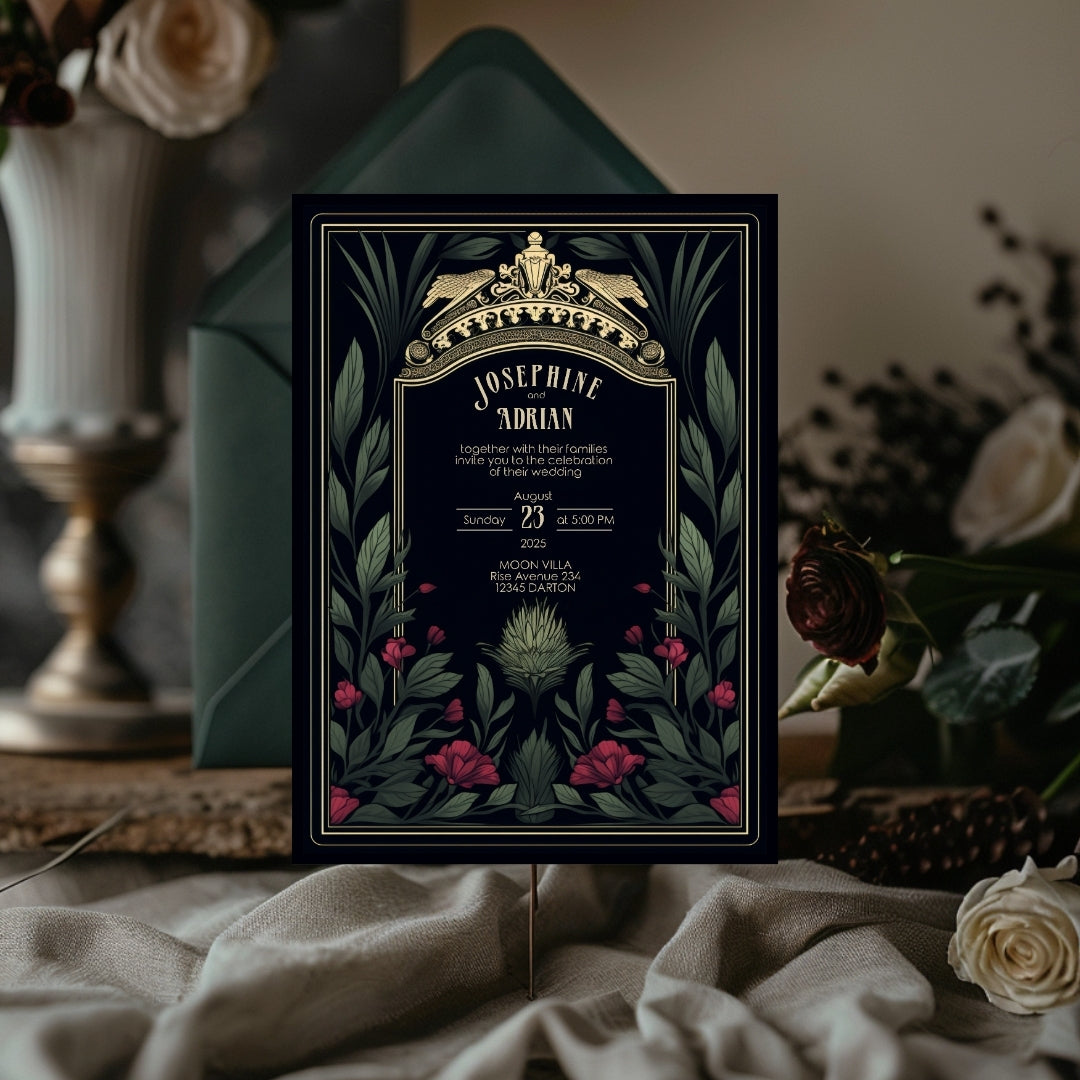 Mystic Thistle Gothic Greenery Wedding Invitation