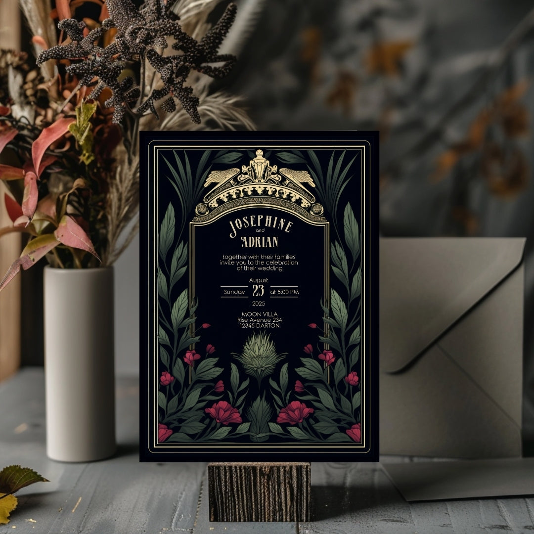 Mystic Thistle Gothic Greenery Wedding Invitation
