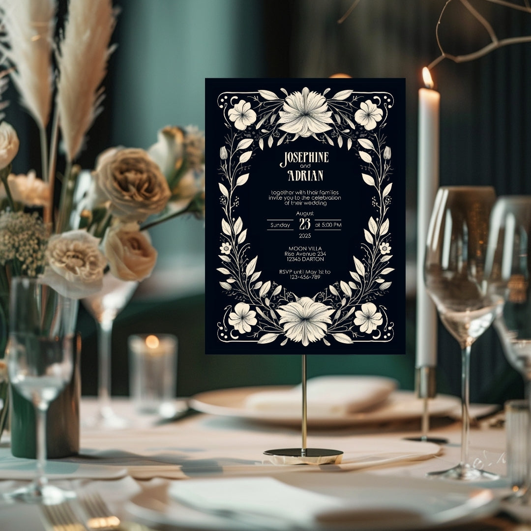 White Floral Gothic Frame Wedding Invitation