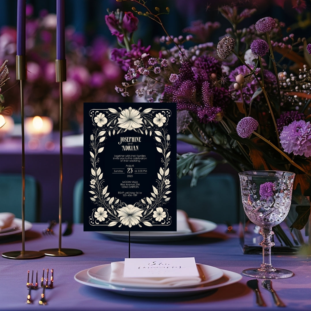 White Floral Gothic Frame Wedding Invitation