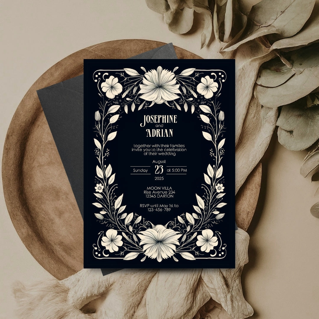 White Floral Gothic Frame Wedding Invitation
