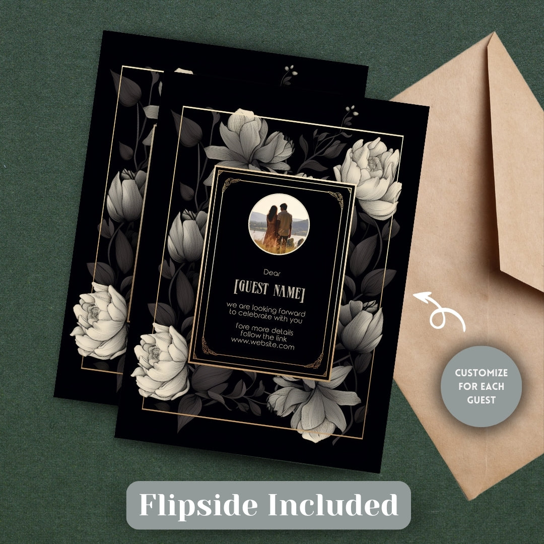 Dark Elegant Floral Wedding Invitation Set - 5x7 Invitation, 4x6 Details, 3.5.x5 RSVP