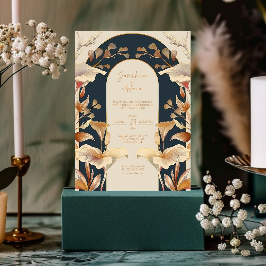 Vintage Rust Orange Florals Art Deco Wedding Invitation