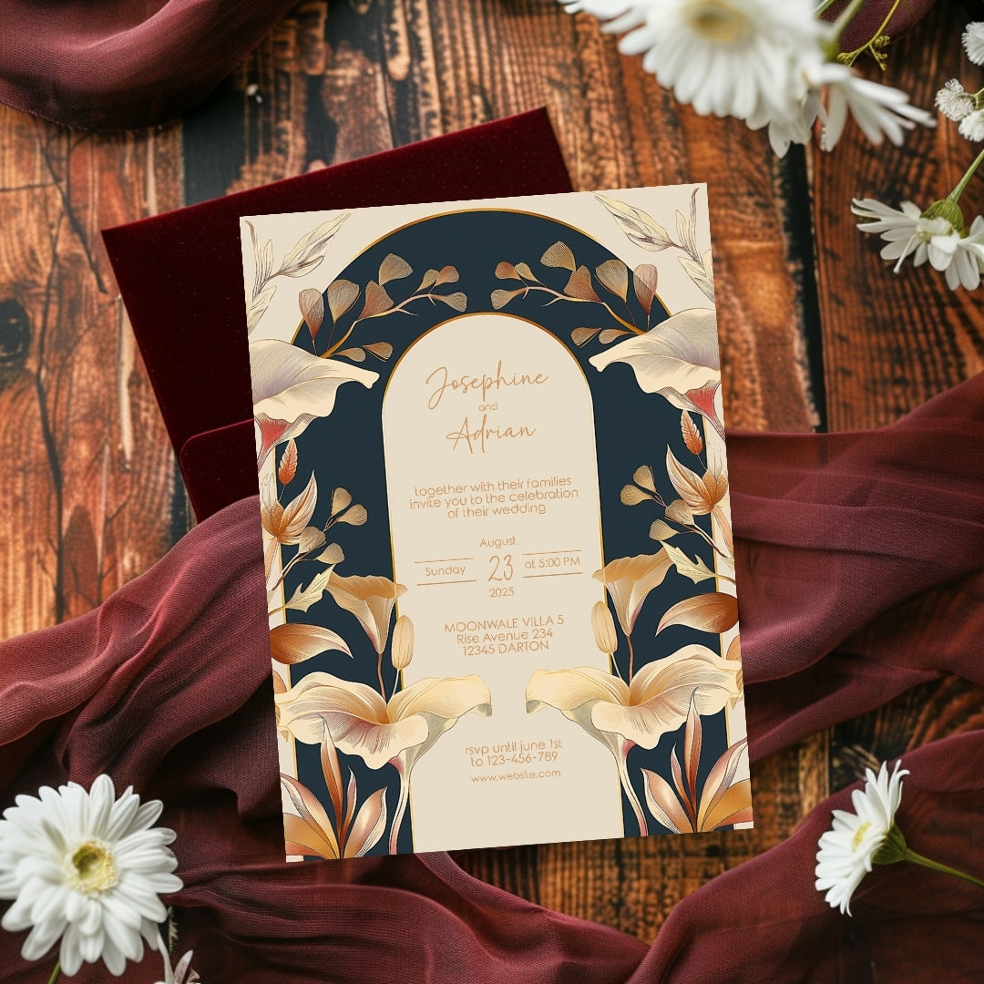 Vintage Rust Orange Florals Art Deco Wedding Invitation