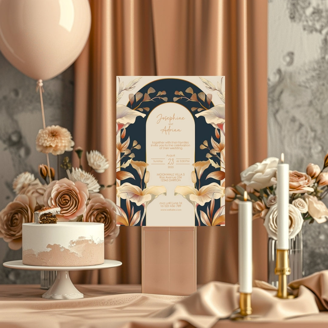 Vintage Rust Orange Florals Art Deco Wedding Invitation