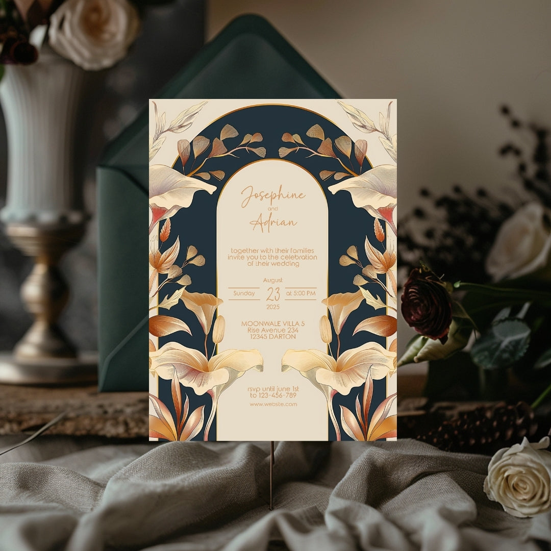 Vintage Rust Orange Florals Art Deco Wedding Invitation