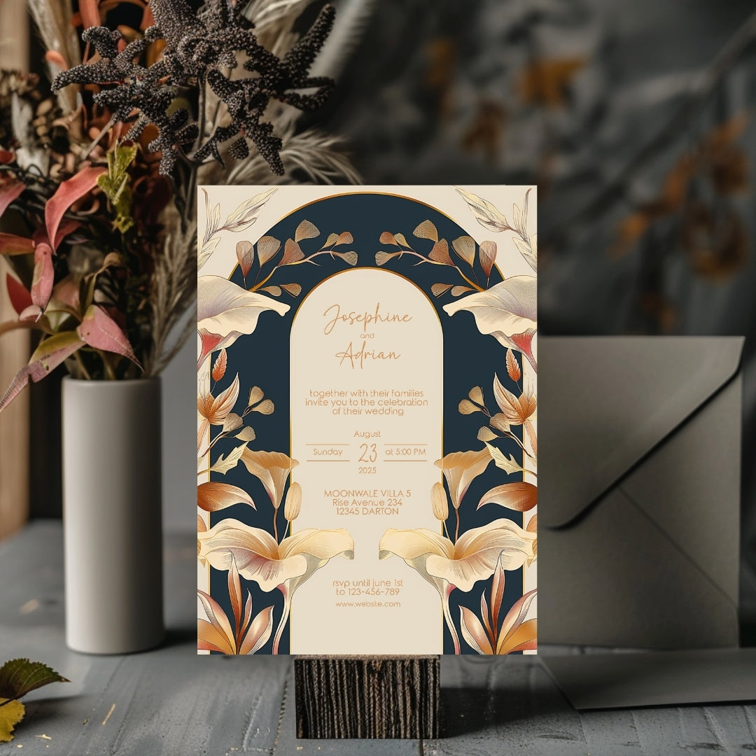 Vintage Rust Orange Florals Art Deco Wedding Invitation