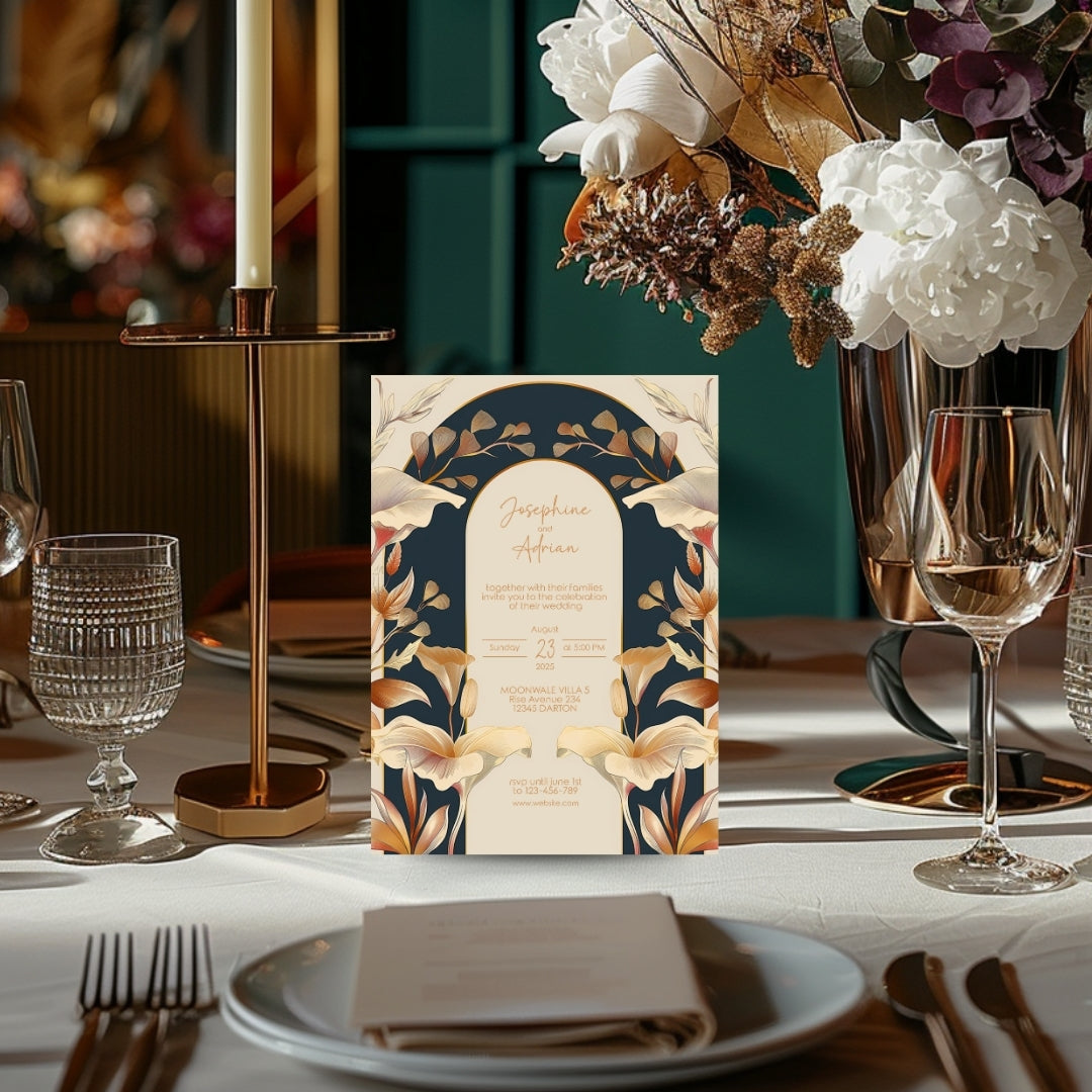 Vintage Rust Orange Florals Art Deco Wedding Invitation