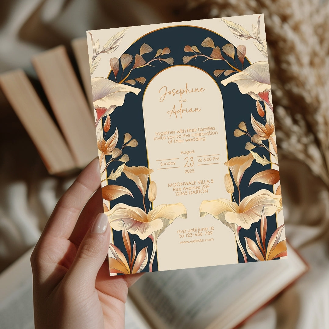 Vintage Rust Orange Florals Art Deco Wedding Invitation