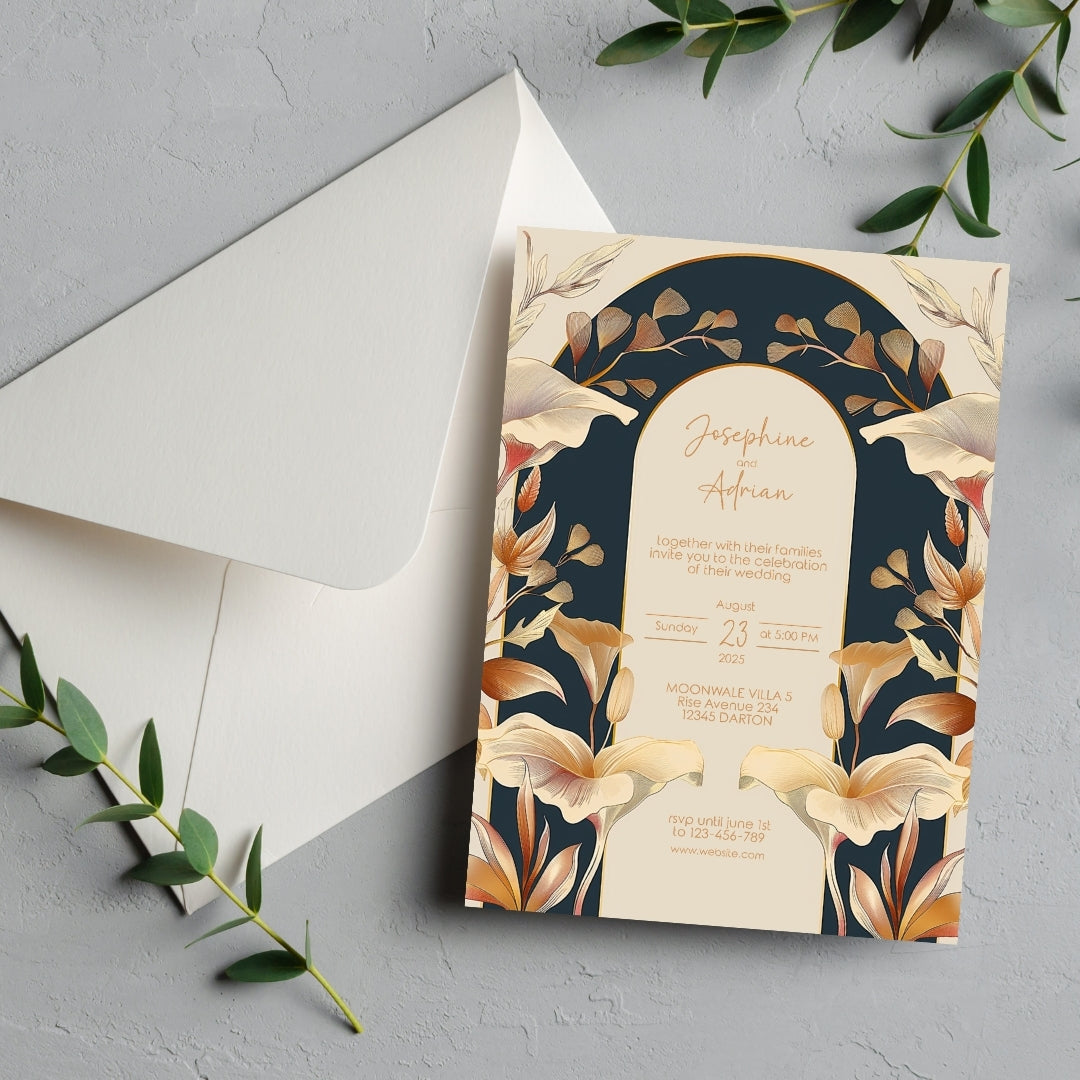 Vintage Rust Orange Florals Art Deco Wedding Invitation