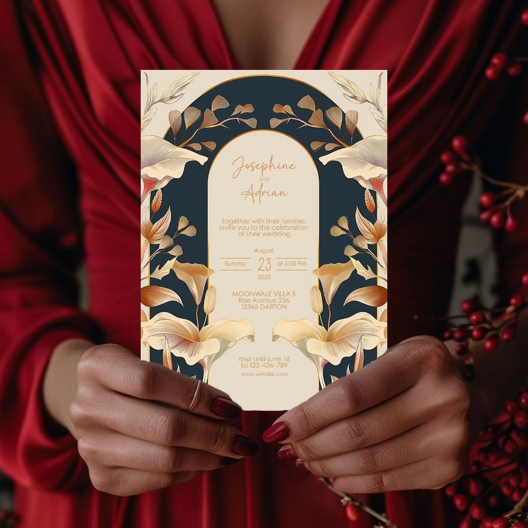 Vintage Rust Orange Florals Art Deco Wedding Invitation