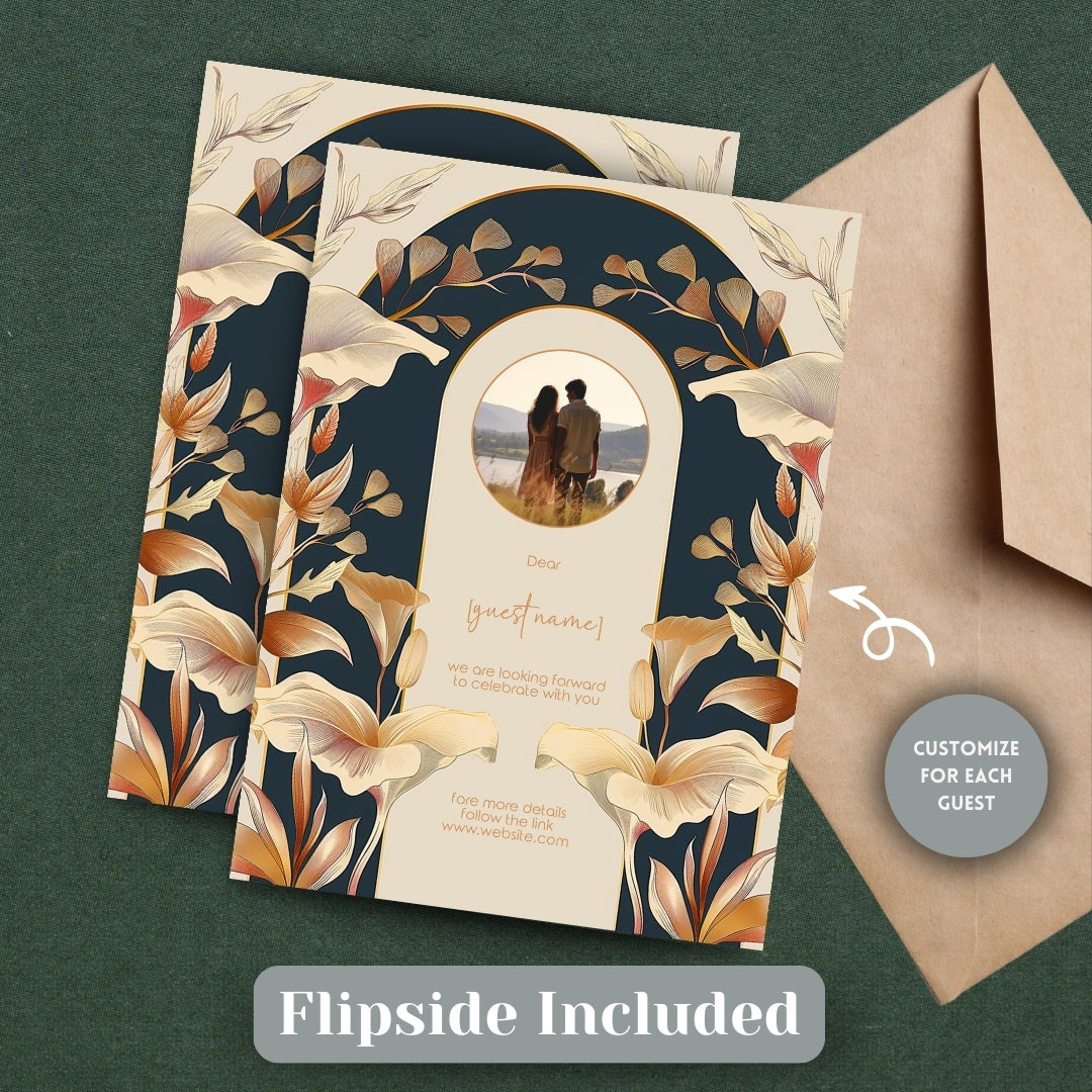 Vintage Rust Orange Florals Art Deco Wedding Invitation