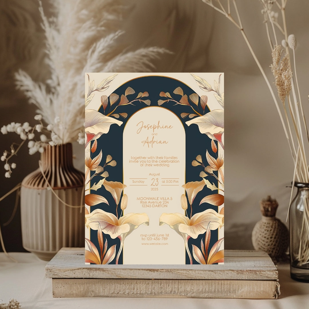 Vintage Rust Orange Florals Art Deco Wedding Invitation