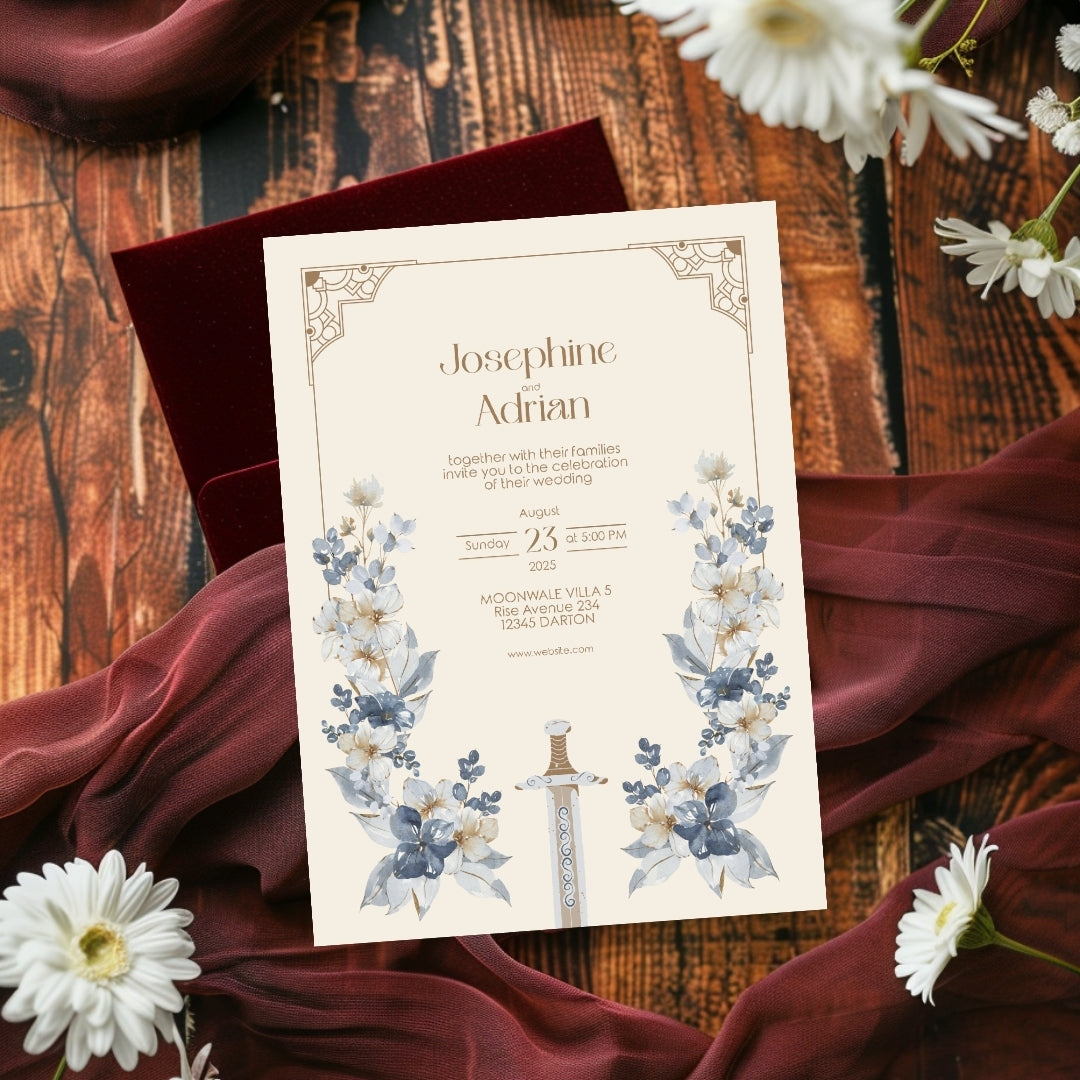 Blue Floral Sword Wedding Invitation