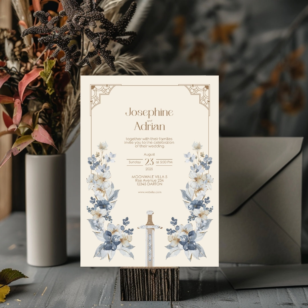 Blue Floral Sword Wedding Invitation