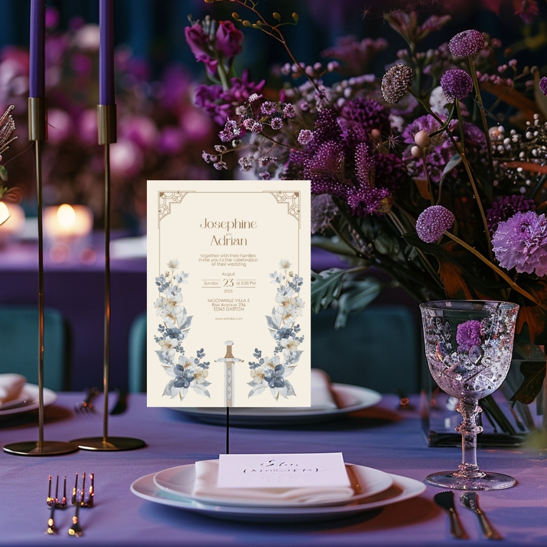 Blue Floral Sword Wedding Invitation