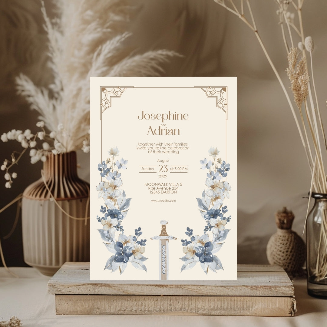 Blue Floral Sword Wedding Invitation