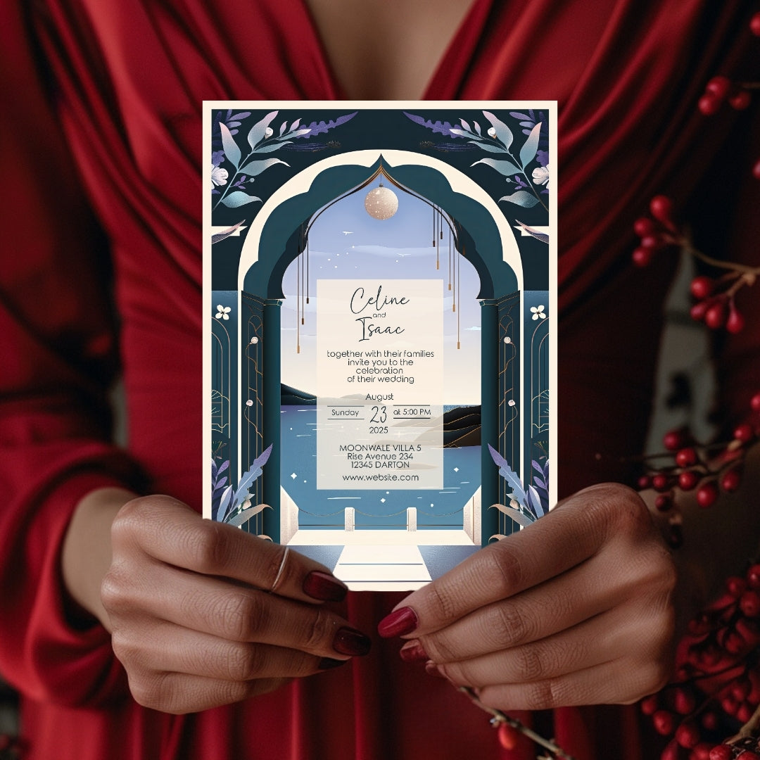 Celestial Santorini Arch Wedding Invitation