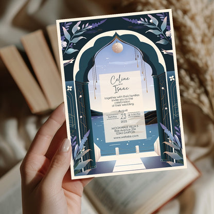 Celestial Santorini Arch Wedding Invitation