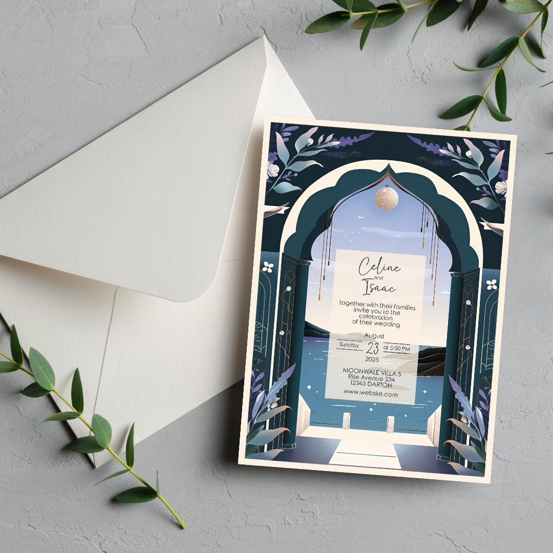 Celestial Santorini Arch Wedding Invitation
