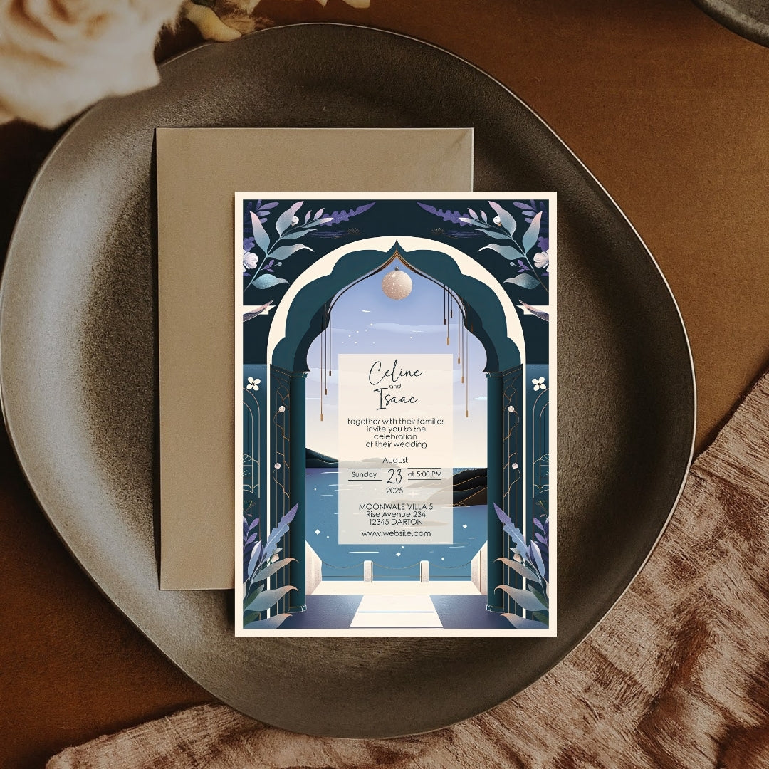 Celestial Santorini Arch Wedding Invitation