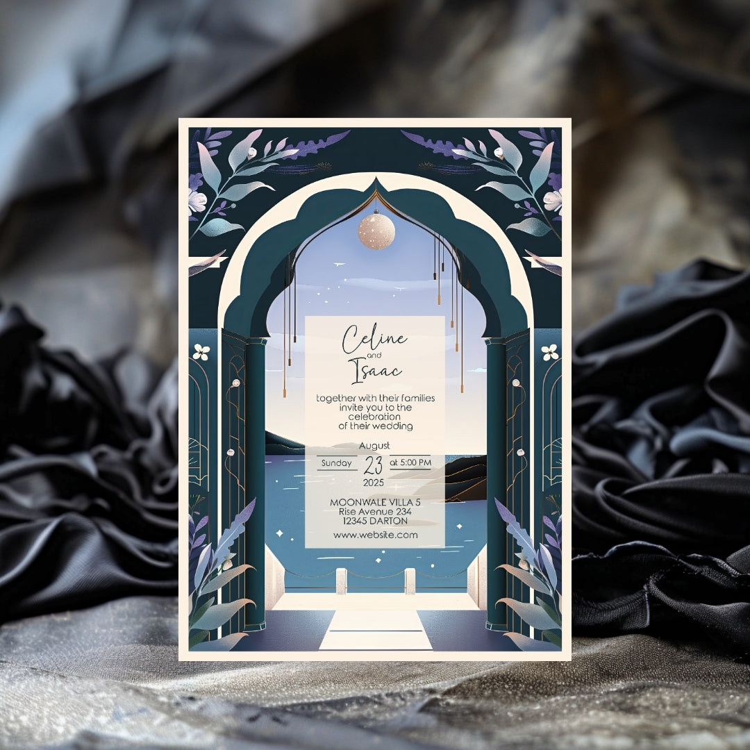 Celestial Santorini Arch Wedding Invitation